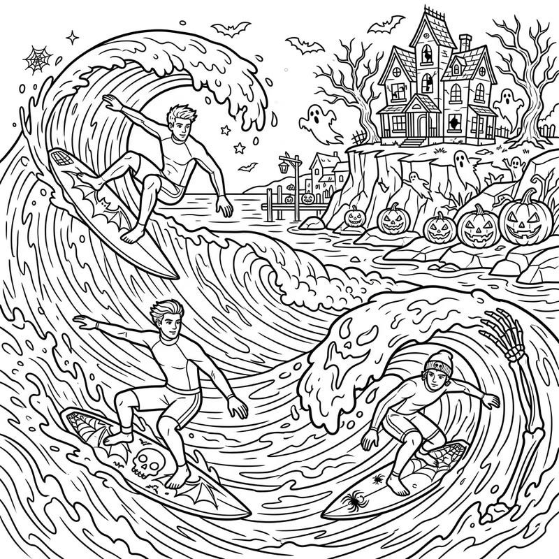 Get ready for a ghoulishly good time with this unique Halloween coloring page featuring male surfers tackling spooky waves. This printable design combines thrilling action with classic Halloween elements for an unforgettable artistic adventure.