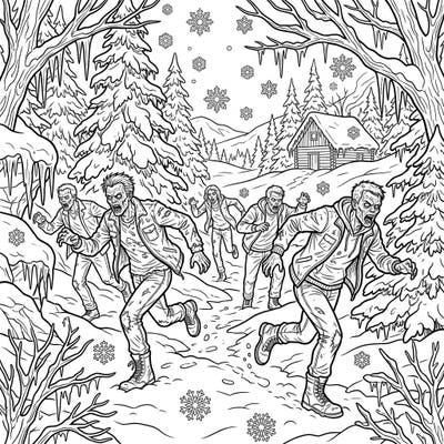 Dive into a chilling coloring adventure with this dynamic scene of running zombies amidst a frosty winter landscape. This unique template combines horror and seasonal beauty for an unforgettable artistic experience.