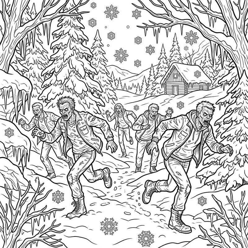Dive into a chilling coloring adventure with this dynamic scene of running zombies amidst a frosty winter landscape. This unique template combines horror and seasonal beauty for an unforgettable artistic experience.