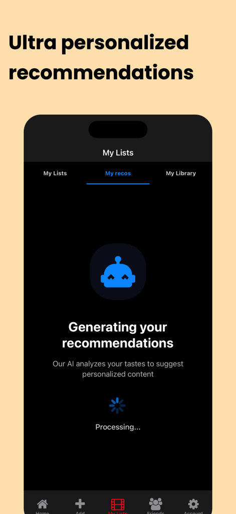 CinéList - Pantalla de la aplicación CinéList que muestra la IA generando recomendaciones de películas ultra personalizadas