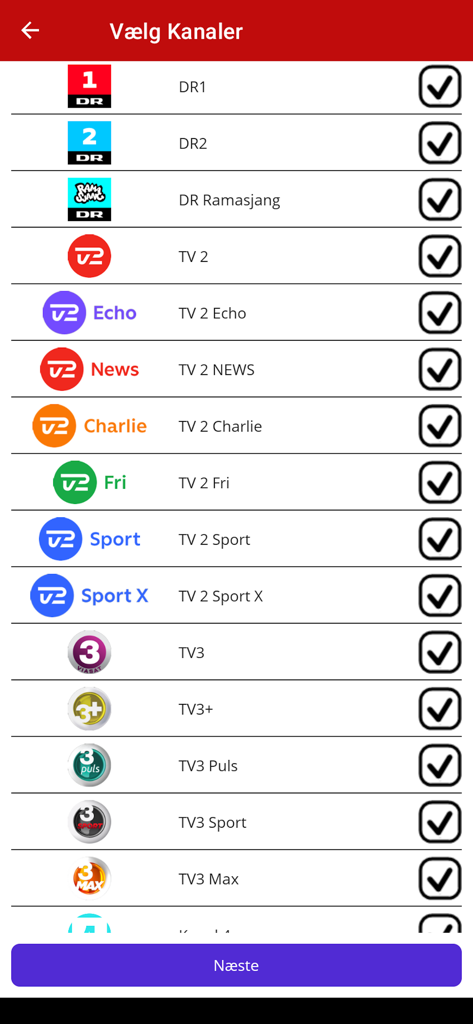 A screen from the Dansk TV Guide app showing a list of Danish TV channels like DR1 and TV2 with selection checkboxes.