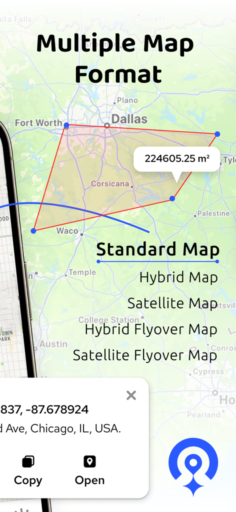 GPS Coordinator Area Measure - Interfaz de la aplicación Coordenadas GPS que muestra la medición del área del terreno en metros cuadrados con múltiples opciones de formato de mapa, incluidas vistas satelitales e híbridas
