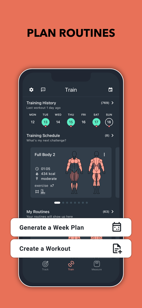 Interface of the Blast gym workout tracker app showing a training schedule with a muscle fatigue heat map and routine planning options.