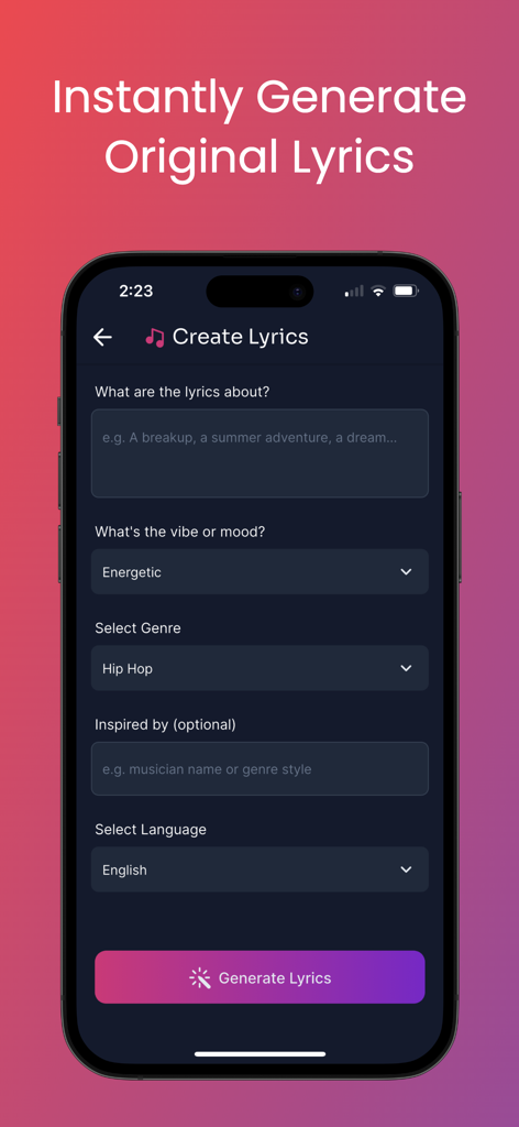 AI Poem & Lyric Generator - Bildschirm der mobilen App, der die Oberfläche zur Texterstellung mit Optionen zur Auswahl von Thema, Stimmung und Genre zeigt