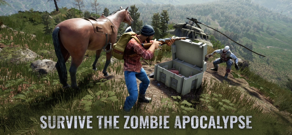 Days After: Zombie Survival - A survivor aiming a rifle at a zombie near his horse and a supply crate in a forest.
