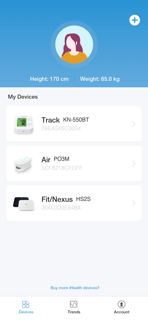 La scheda dispositivi dell'app iHealth MyVitals che mostra un profilo utente e diversi monitor medici connessi.