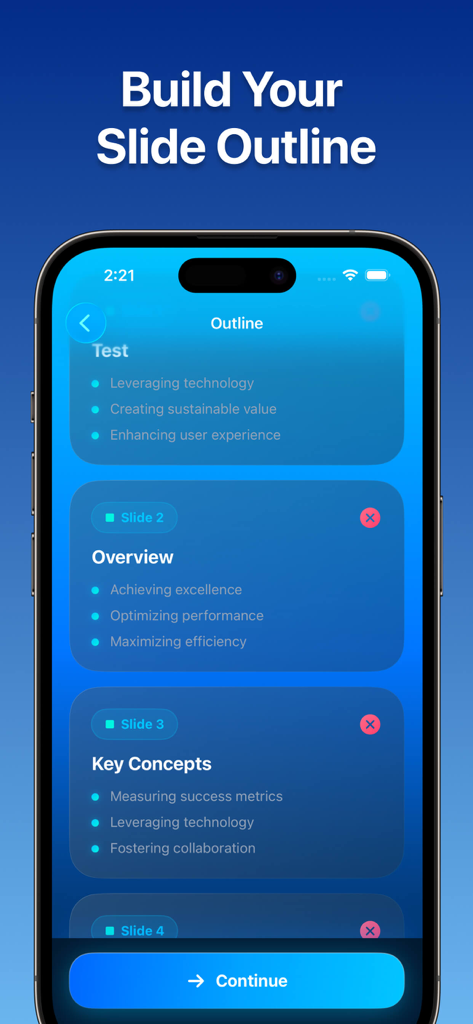 Gamma: AI Presentation Maker - Interfaz de la aplicación móvil Gamma AI Presentation Maker que muestra la pantalla de creación del esquema de diapositivas con viñetas para cada diapositiva.