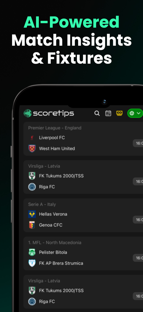 ScoreTips AI - ScoreTips AI mobile app interface showing a list of soccer match fixtures