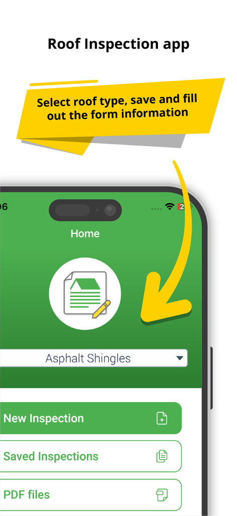 Roof Inspection - Roof Inspection app main menu featuring roof type selection and inspection buttons