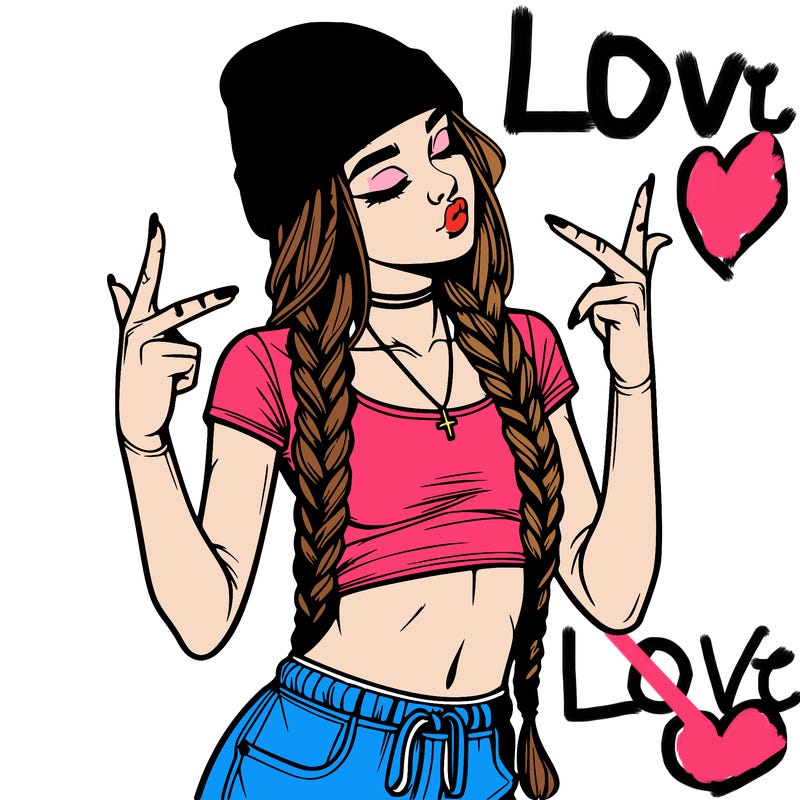 realistic teenage girl with braids and a beanie and crop top doing 🫶🏼
