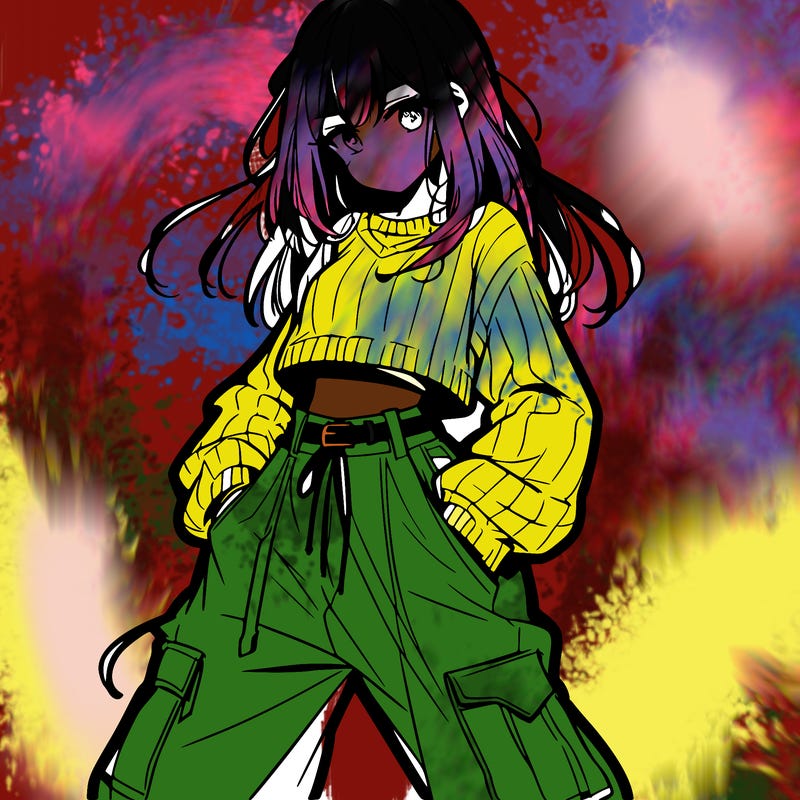 anime teen girl with baggy pants and crop top with sweater