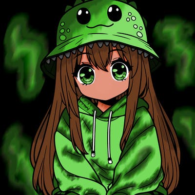 girl with anime shaped eyes with a dinosaur bucket hat oversized sweatshirt long straight hair