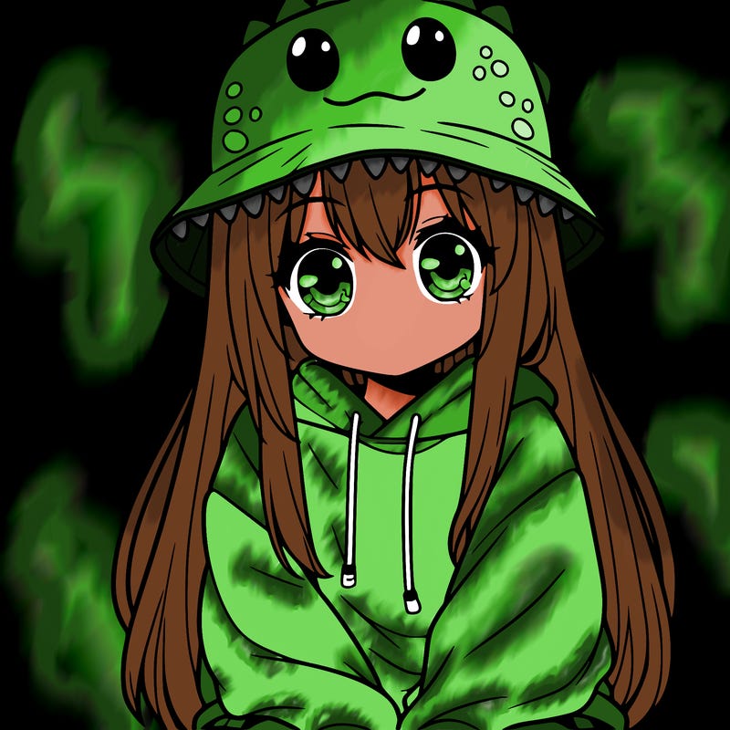 girl with anime shaped eyes with a dinosaur bucket hat oversized sweatshirt long straight hair