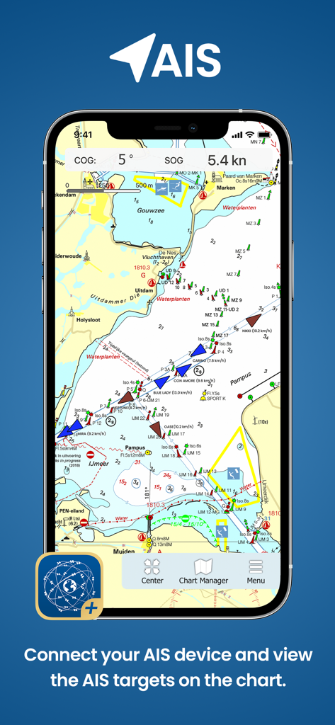 WinGPS Marine Plus - Aplicación WinGPS Marine Plus que muestra el seguimiento de embarcaciones AIS en una carta náutica