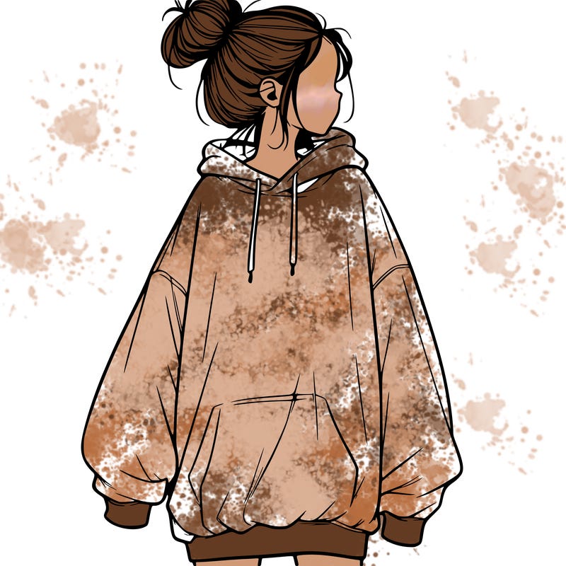 realistic girl with a oversized sweatshirt on and a bun