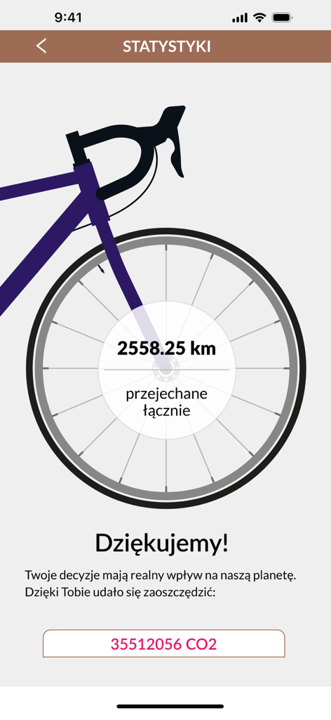 W kółko kręcę - Pantalla de la aplicación que muestra la distancia total pedaleada y el ahorro de CO2