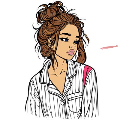 realistic woman with pajamas on and a messy bun