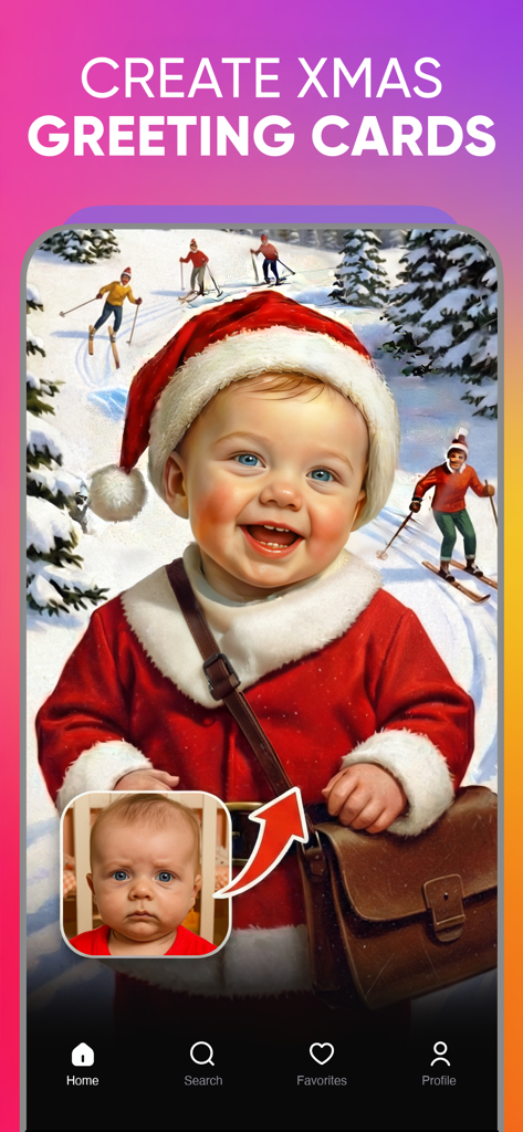 Revive: AI Face Photo Animator - Um rosto de bebê trocado por um personagem do Papai Noel para criar um cartão de felicitações de Natal