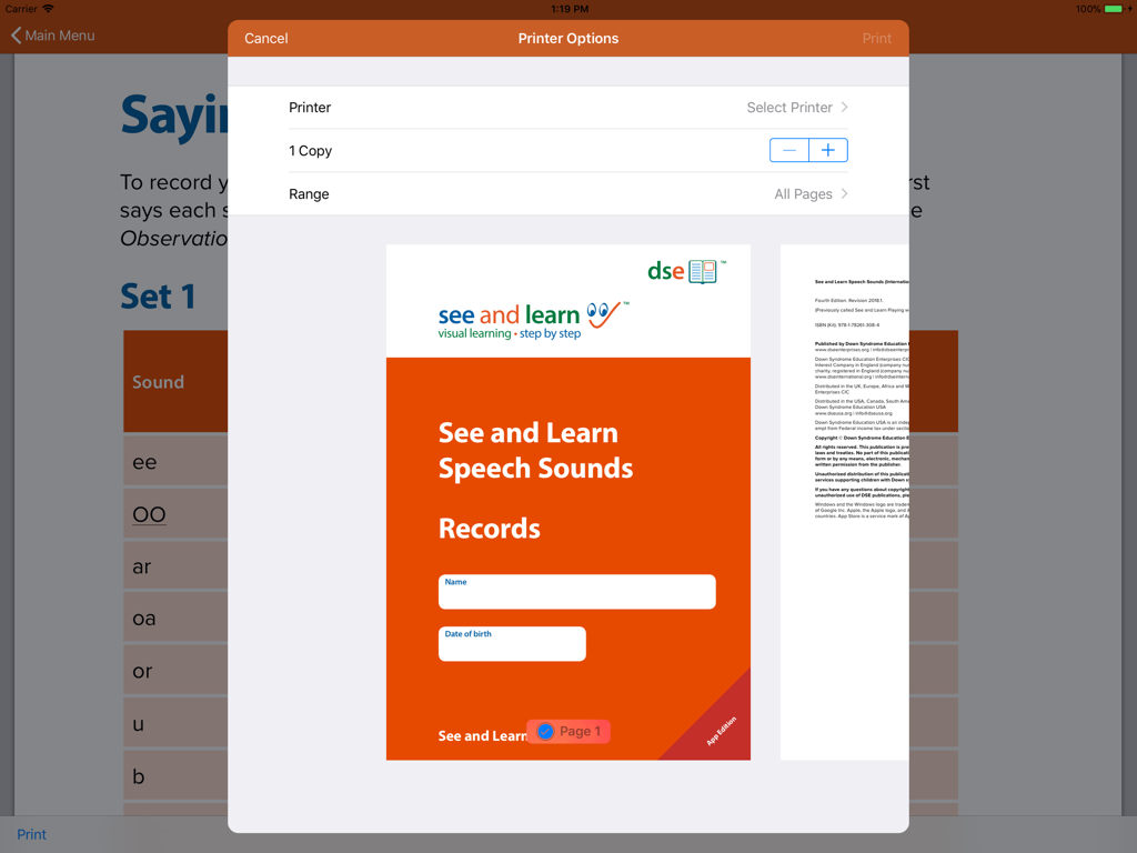 See and Learn Speech Sounds - Printer options screen showing a progress record form for speech sound activities.