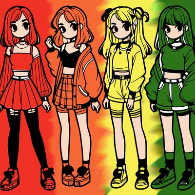 one girl with crop-top shirt and a jacket with a skirt, long socks and another girl with a shirt and pants with a jacket