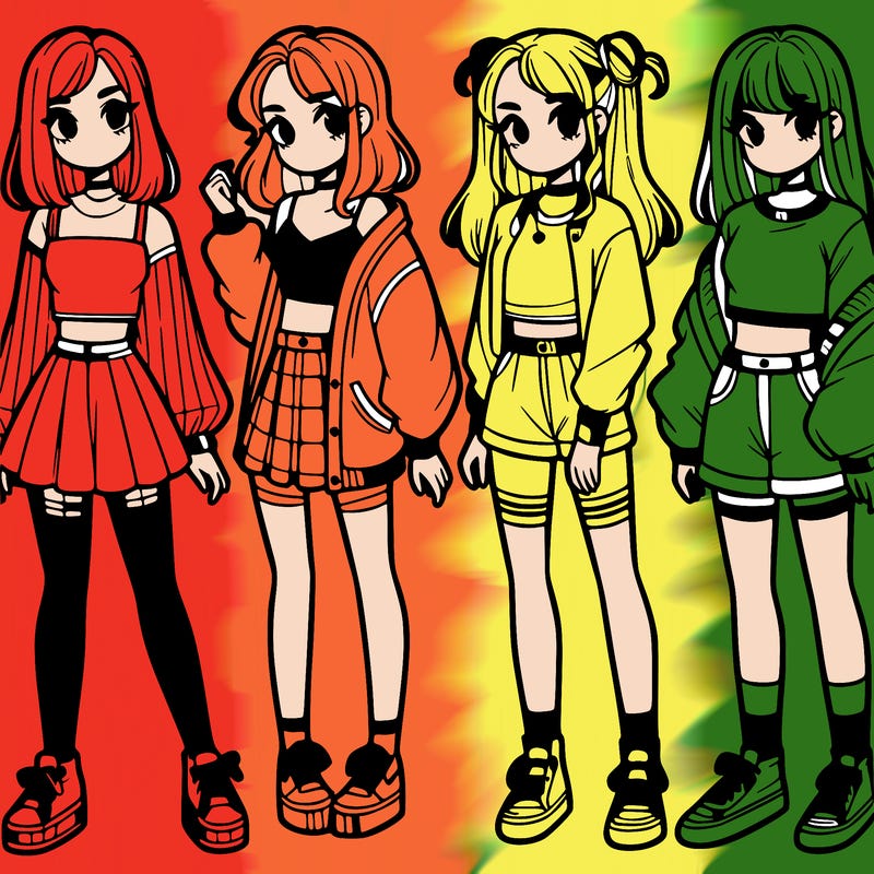 one girl with crop-top shirt and a jacket with a skirt, long socks and another girl with a shirt and pants with a jacket