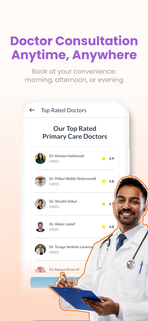 DoctorC - A list of top rated primary care doctors for appointment booking on the DoctorC mobile app interface