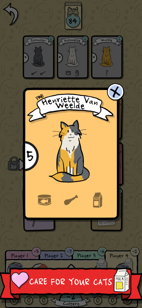 A detailed view of the Henriette Van Weelde cat card in the Cat Lady mobile game app.
