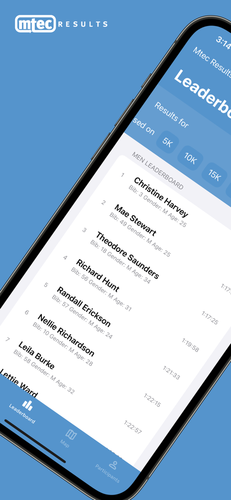Mtec Results app showing a race leaderboard with participant names and finish times