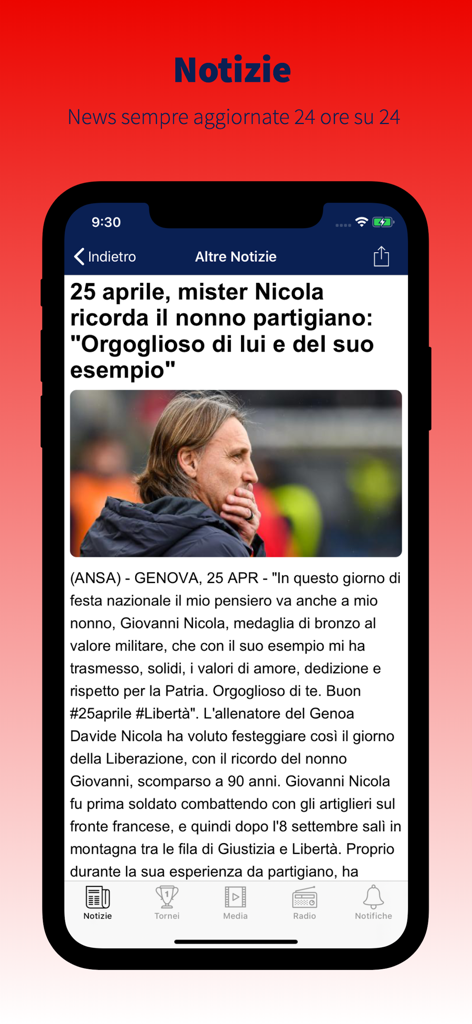 Canale TMW Genoa - Screenshot of a news article in the Canale TMW Genoa mobile app showing a headline about coach Davide Nicola.