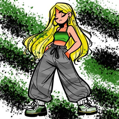girl in baggy pants crop top and long hair