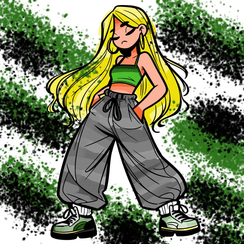 girl in baggy pants crop top and long hair
