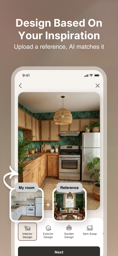 HomeGPT：AI Interior Design - Mobile app interface showing AI interior design style match feature for a kitchen renovation