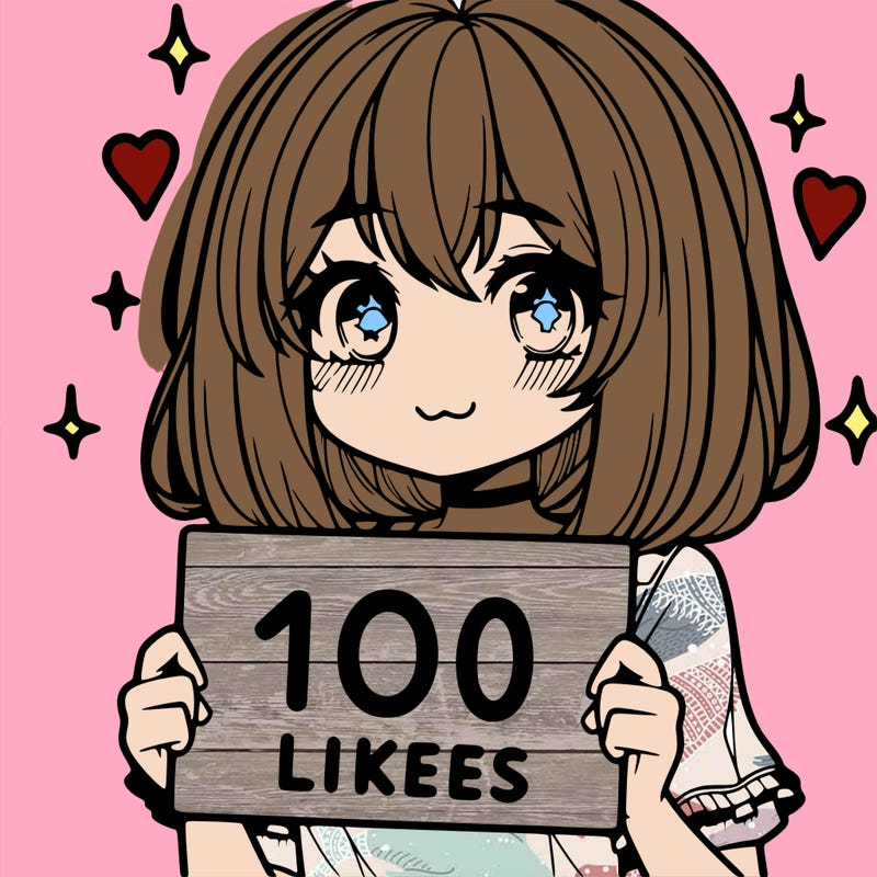 anima girl holding a 100 likes sign in her hand