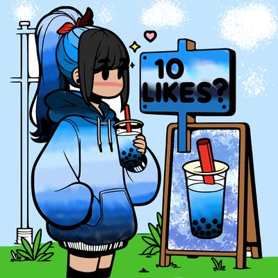 girl with oversized hoodie drinking boba and she has a high ponytail with a sign that says 10likes?