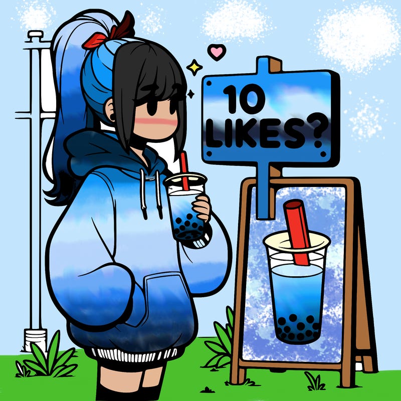 girl with oversized hoodie drinking boba and she has a high ponytail with a sign that says 10likes?