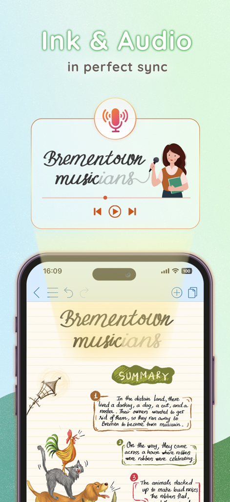 CollaNote app screen demonstrating audio recording synchronized with aesthetic handwritten notes and illustrations