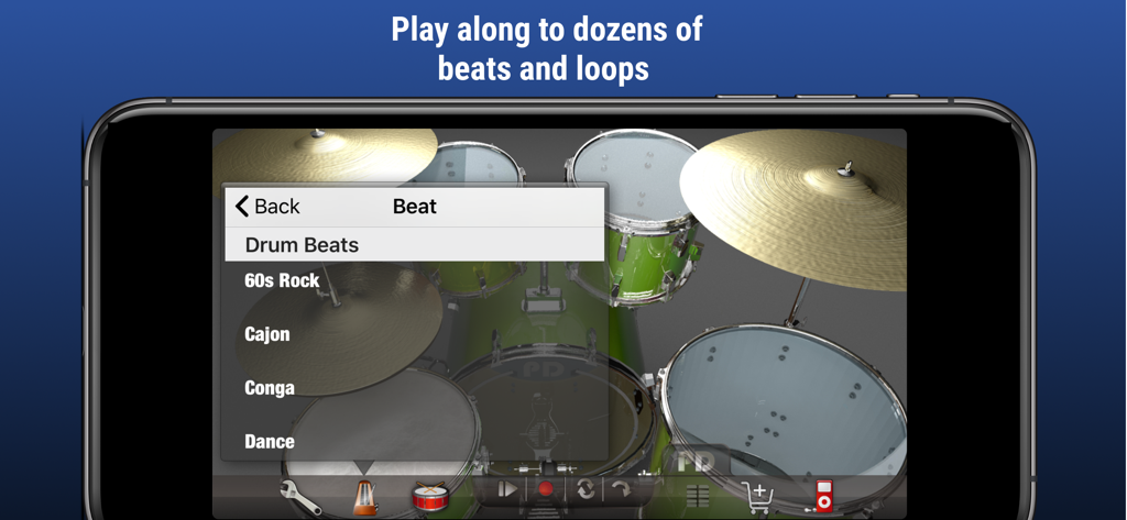 Pocket Drums - Interface of Pocket Drums app showing a drum kit with a menu to select different rhythm beats and loops.
