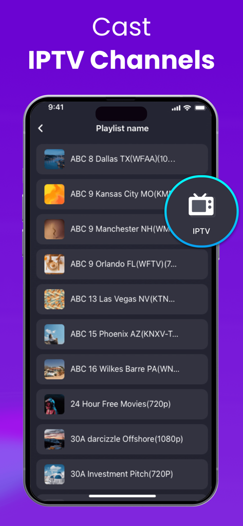 Universal Remote for Smart TV+ - A smartphone interface showing a list of local IPTV channels available to cast to a Smart TV