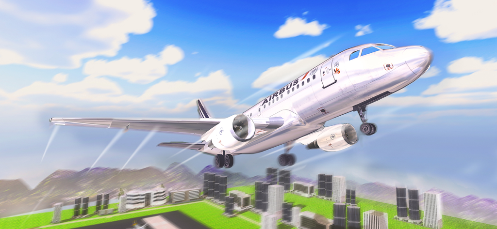 A passenger airplane taking off over a city in the Flight Simulator 3D game