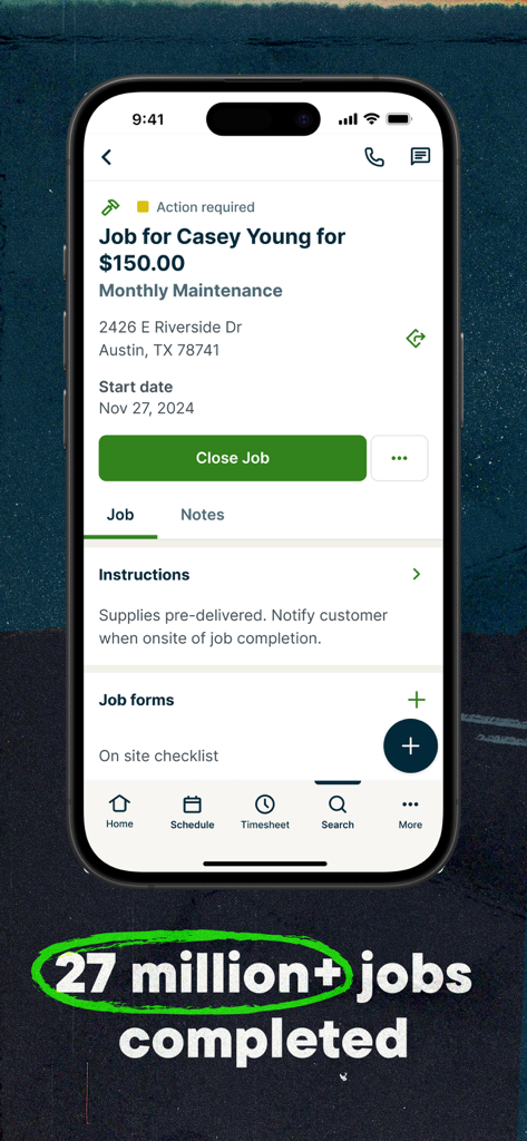 A mobile interface of the Jobber app showing specific job details for a maintenance service including instructions and a completed jobs milestone.