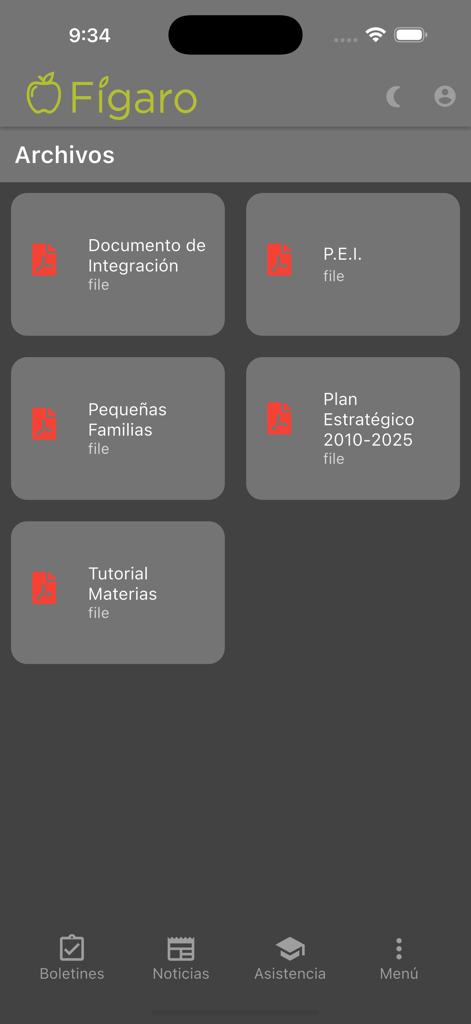 Interface of Figaro app showing school files and documents section