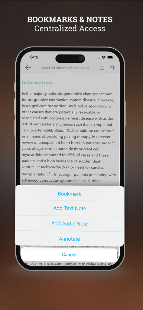 Cardiac Pacing and ICDs - Captura de tela mostrando o menu de favoritos e anotações no aplicativo médico Estimulação Cardíaca e CDsI