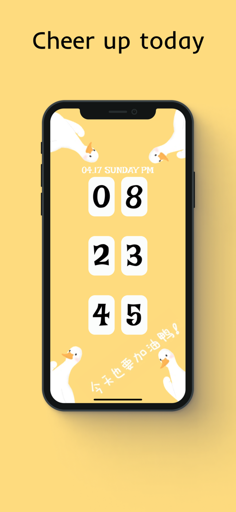 X Clock - Live in the present - X Clock app displaying the cheering duck aesthetic theme with a yellow background and digital clock on an iPhone.