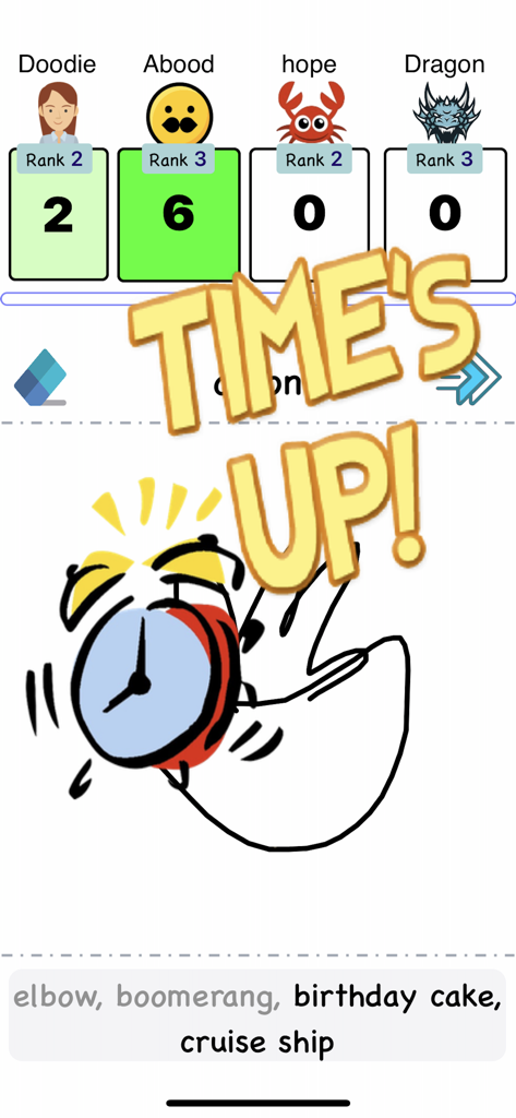 Draw Fast - A screenshot of the Draw Fast mobile game showing a doodle with a Times Up message and player rankings