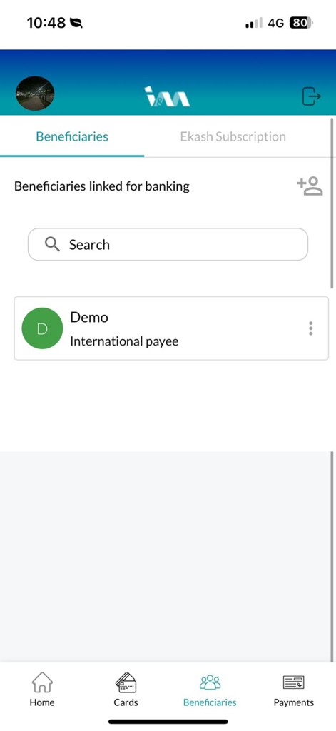 I&M Bank Rwanda - I&M Bank Rwanda mobile app beneficiaries interface showing an international payee entry.