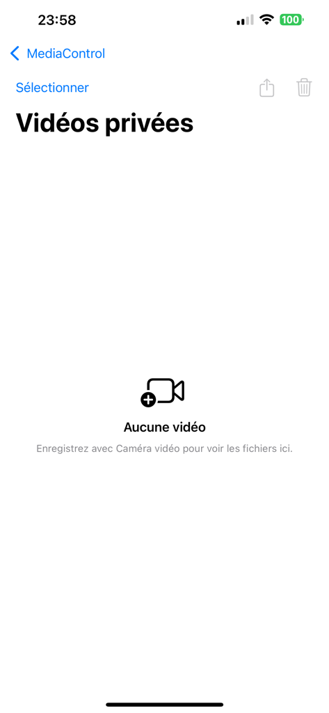 MediaControl - Pantalla de galería de video privada vacía en la interfaz de la aplicación MediaControl