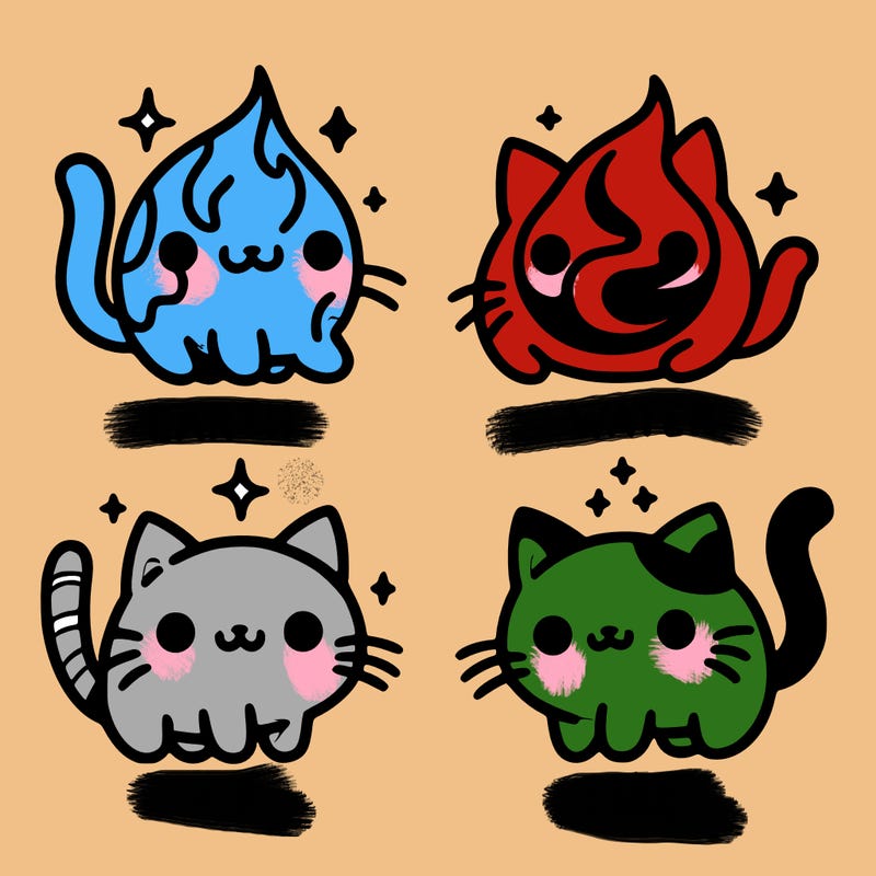 4 cats that represent the different elements, earth, water, air, and fire