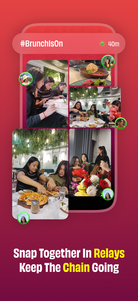 Interface of the Drop app showing a group photo relay chain with the hashtag Brunch Is On.