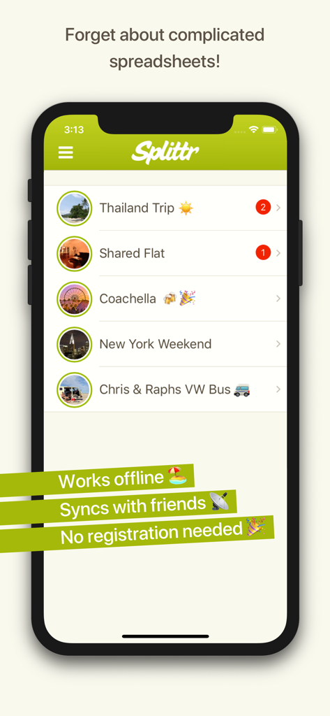 Splittr app interface showing a list of group expenses and key features like offline work and syncing.