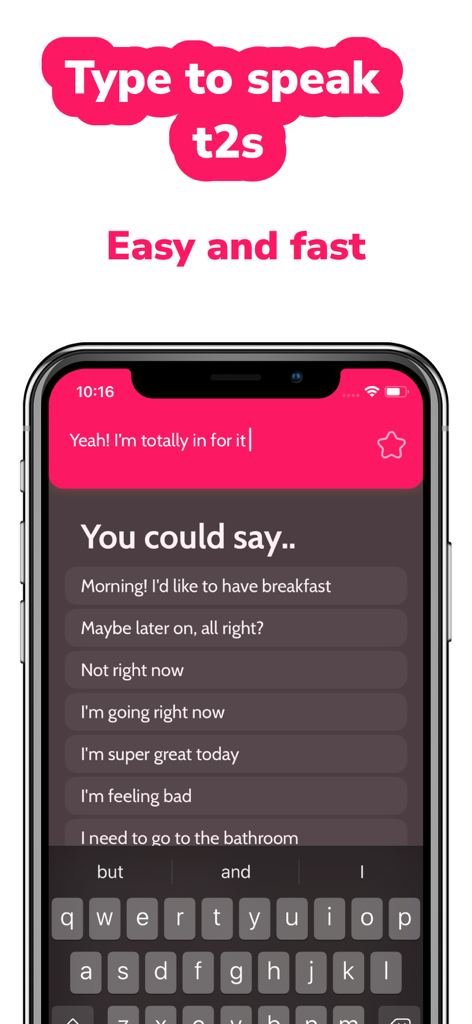 AAC Text to Speech TTS Dinata - iPhone screen displaying the AAC Text to Speech Dinata app interface with quick phrase suggestions and a keyboard for communication.